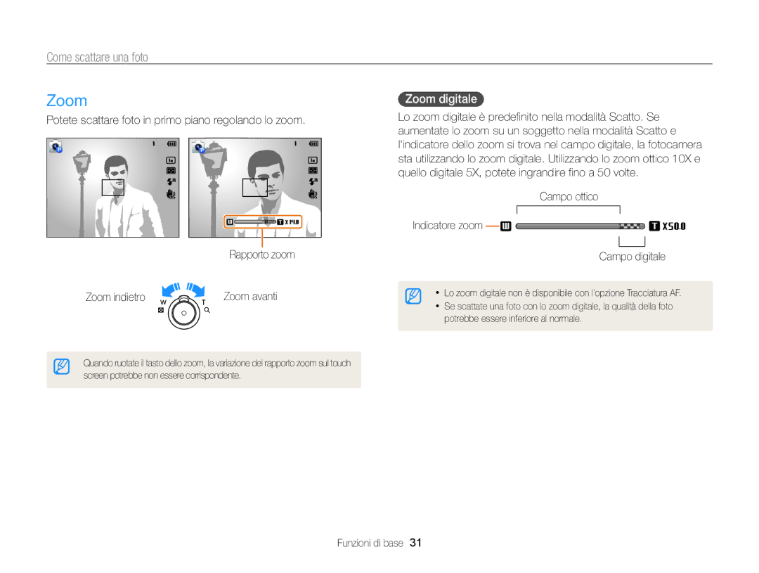 Samsung EC-ST200ZBPBE1 manual Come scattare una foto, Zoom digitale, Campo ottico Indicatore zoom Campo digitale 