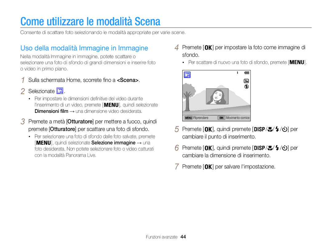 Samsung EC-ST200FDDSME, EC-ST200ZBPBE1 manual Come utilizzare le modalità Scena, Uso della modalità Immagine in Immagine 