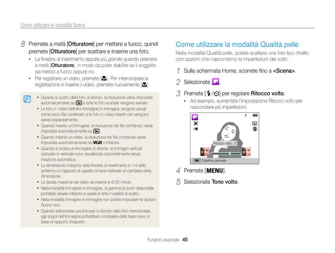 Samsung EC-ST200FDDBME, EC-ST200ZBPBE1 manual Come utilizzare la modalità Qualità pelle, Come utilizzare le modalità Scena 