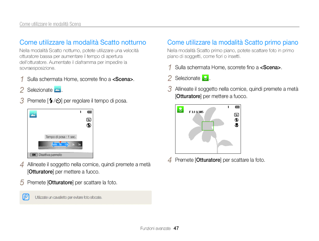 Samsung EC-ST200ZBPBE1 manual Come utilizzare la modalità Scatto notturno, Come utilizzare la modalità Scatto primo piano 