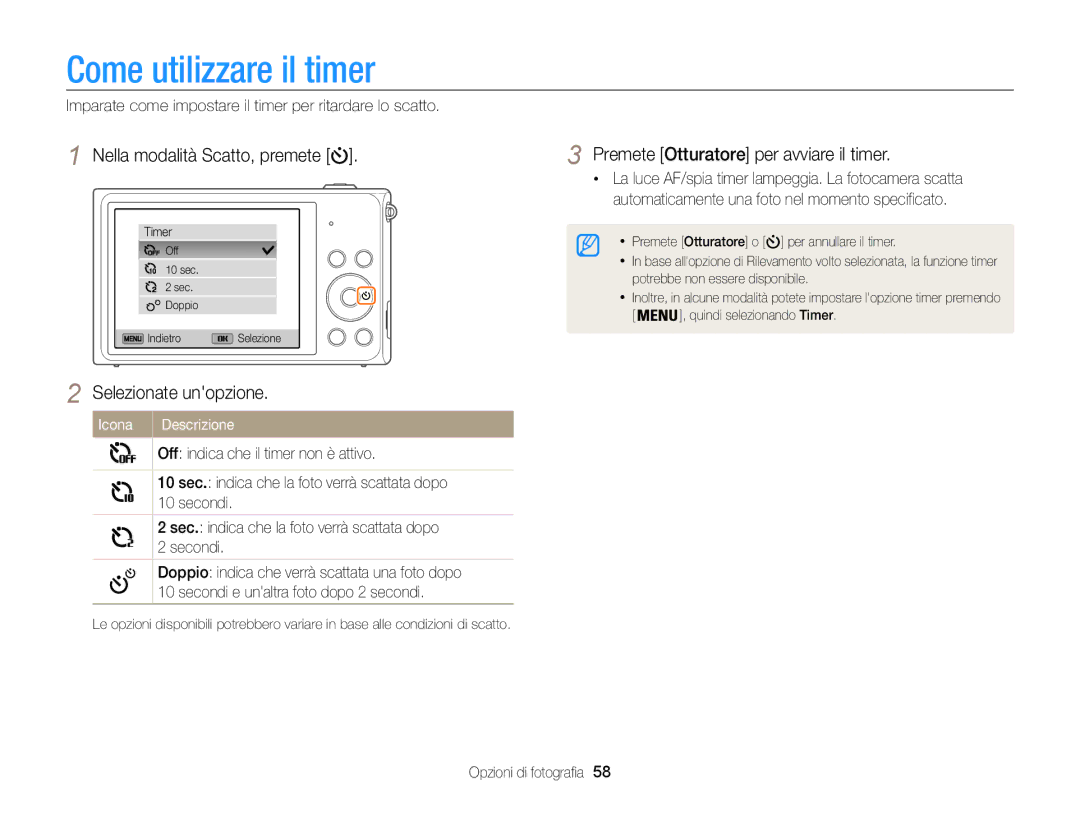 Samsung EC-ST200FBPWE1 Come utilizzare il timer, Nella modalità Scatto, premete, Premete Otturatore per avviare il timer 