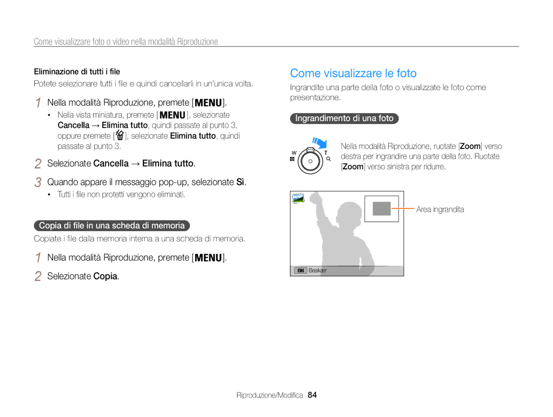 Samsung EC-ST200FDDSME, EC-ST200ZBPBE1 Come visualizzare le foto, Selezionate Cancella → Elimina tutto, Selezionate Copia 