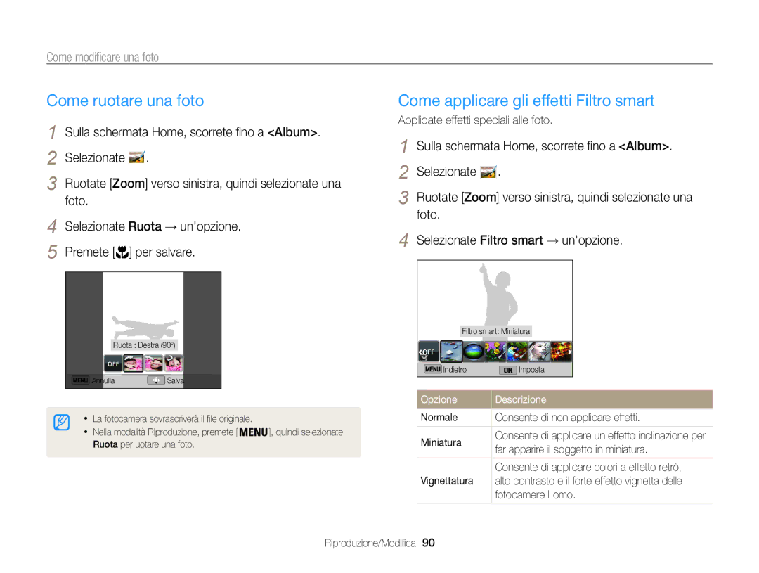 Samsung EC-ST200FBPWE1 manual Come ruotare una foto, Come applicare gli effetti Filtro smart, Come modificare una foto 