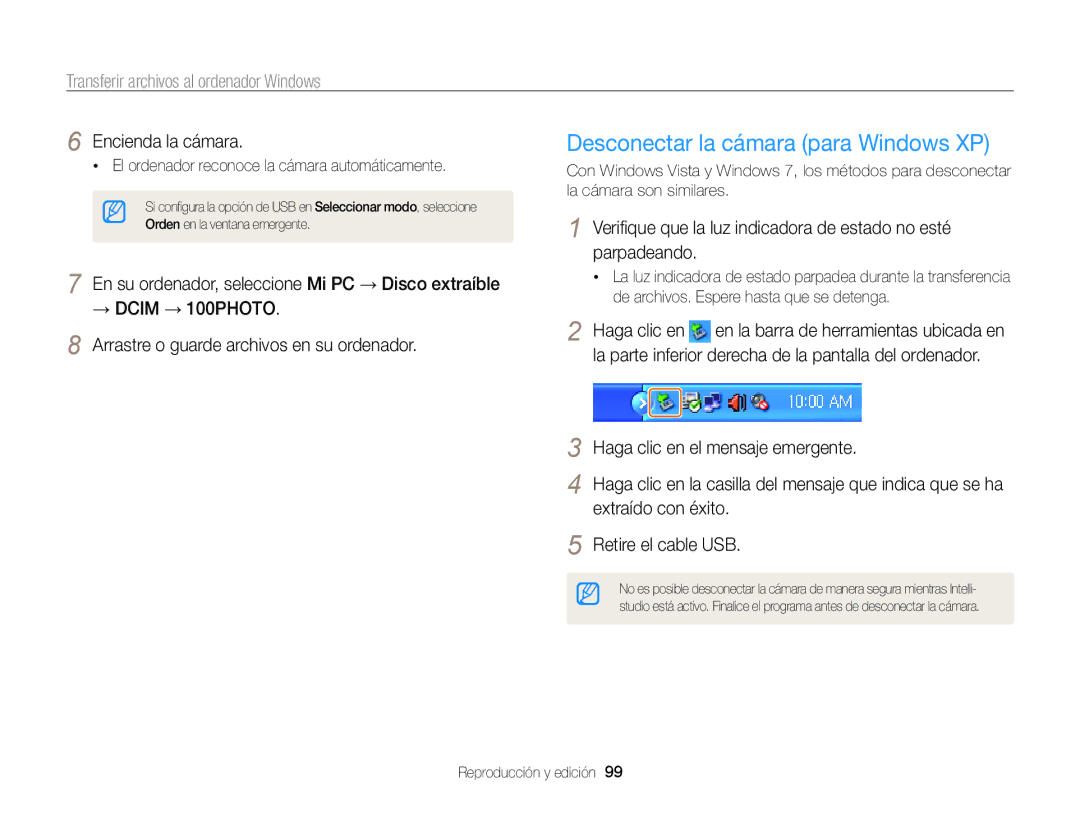 Samsung EC-ST200ZBPLE1 Desconectar la cámara para Windows XP, Haga clic en el mensaje emergente, Extraído con éxito 