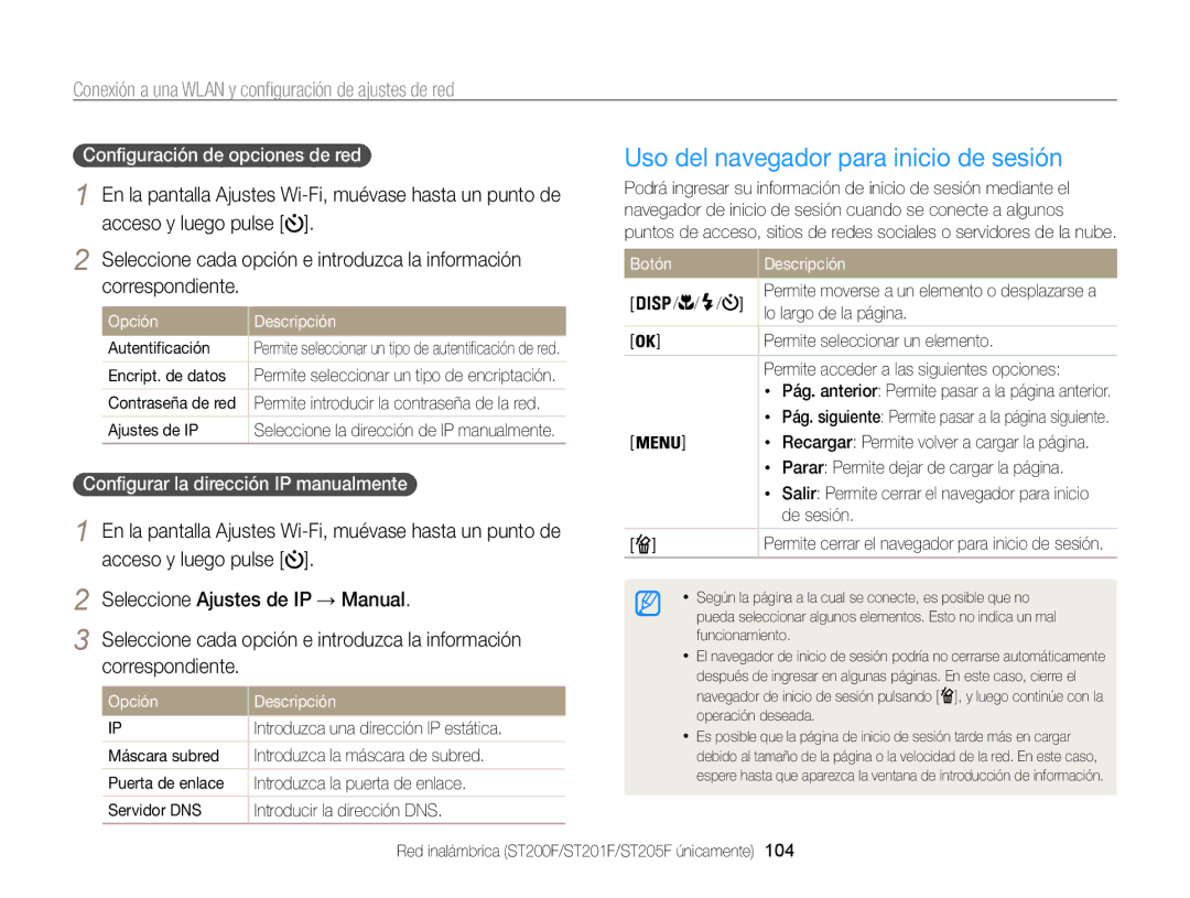 Samsung EC-ST200ZBPRE1 Uso del navegador para inicio de sesión, Conexión a una Wlan y configuración de ajustes de red 