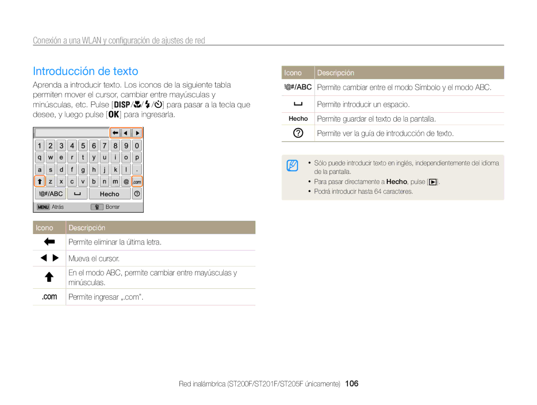 Samsung EC-ST200FBPSE1, EC-ST200ZBPLE1, EC-ST200ZBPBE1, EC-ST200FBPLE1 manual Introducción de texto, Icono Descripción 