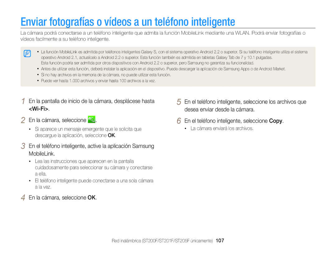 Samsung EC-ST200FBPBIL manual Enviar fotografías o vídeos a un teléfono inteligente, La cámara enviará los archivos 