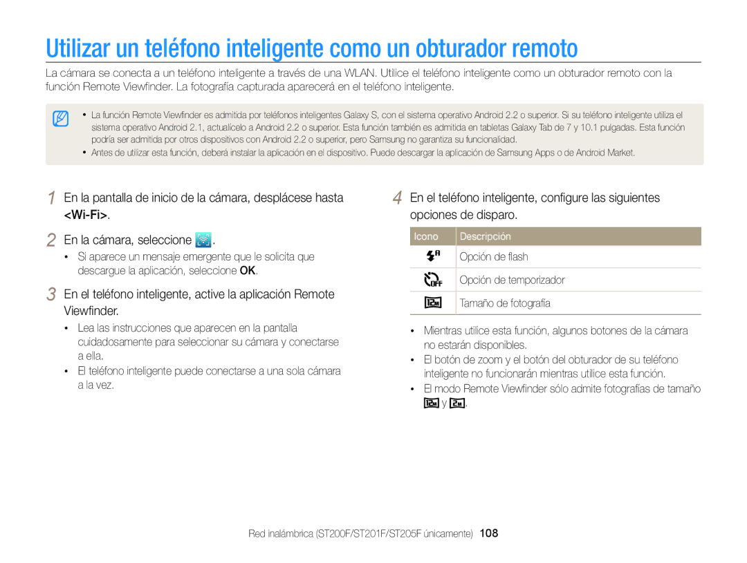 Samsung EC-ST200FBPWIL, EC-ST200ZBPLE1, EC-ST200ZBPBE1 manual Utilizar un teléfono inteligente como un obturador remoto 