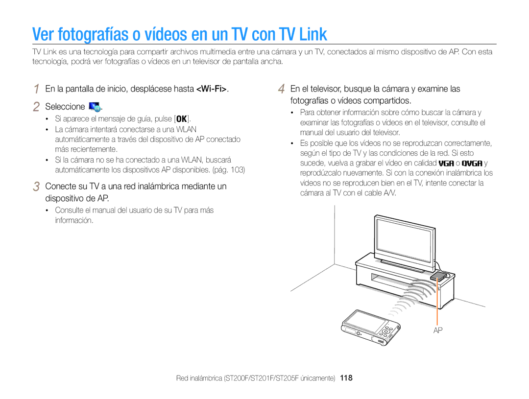 Samsung EC-ST200FBPWIL, EC-ST200ZBPLE1, EC-ST200ZBPBE1, EC-ST200FBPLE1 manual Ver fotografías o vídeos en un TV con TV Link 