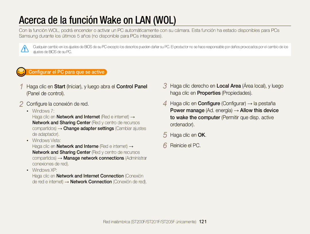 Samsung EC-ST200FBPLE1, EC-ST200ZBPLE1 manual Acerca de la función Wake on LAN WOL, Configurar el PC para que se active 