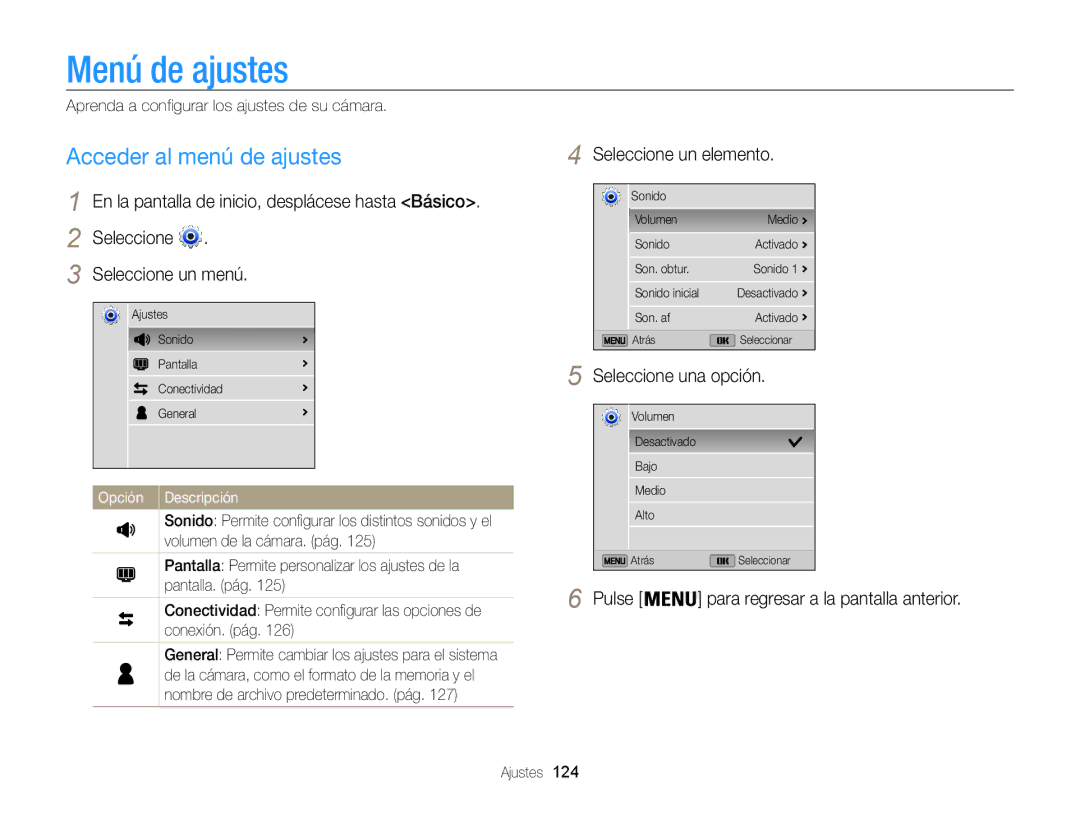 Samsung EC-ST200ZBPRE1, EC-ST200ZBPLE1, EC-ST200ZBPBE1 Menú de ajustes, Acceder al menú de ajustes, Seleccione un elemento 