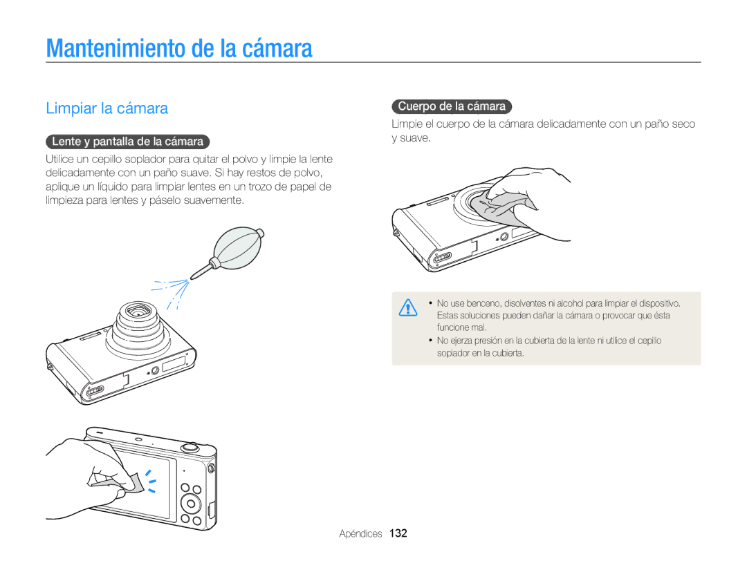 Samsung EC-ST200FBPRE1 Mantenimiento de la cámara, Limpiar la cámara, Lente y pantalla de la cámara, Cuerpo de la cámara 