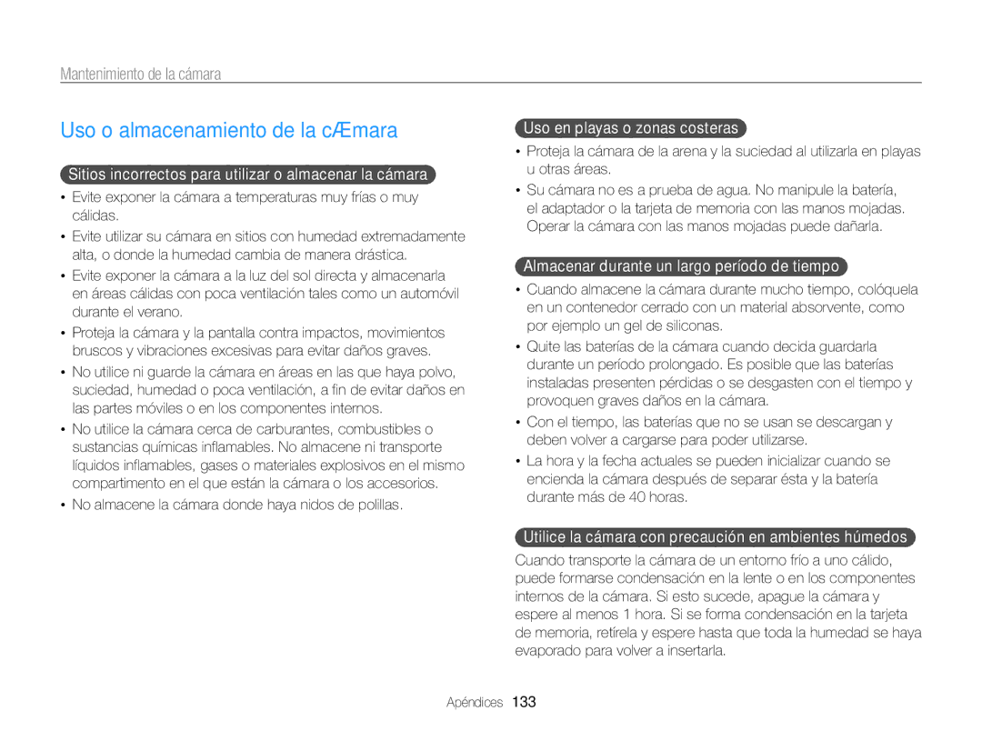 Samsung EC-ST200FBPBE1, EC-ST200ZBPLE1, EC-ST200ZBPBE1 manual Uso o almacenamiento de la cámara, Mantenimiento de la cámara 