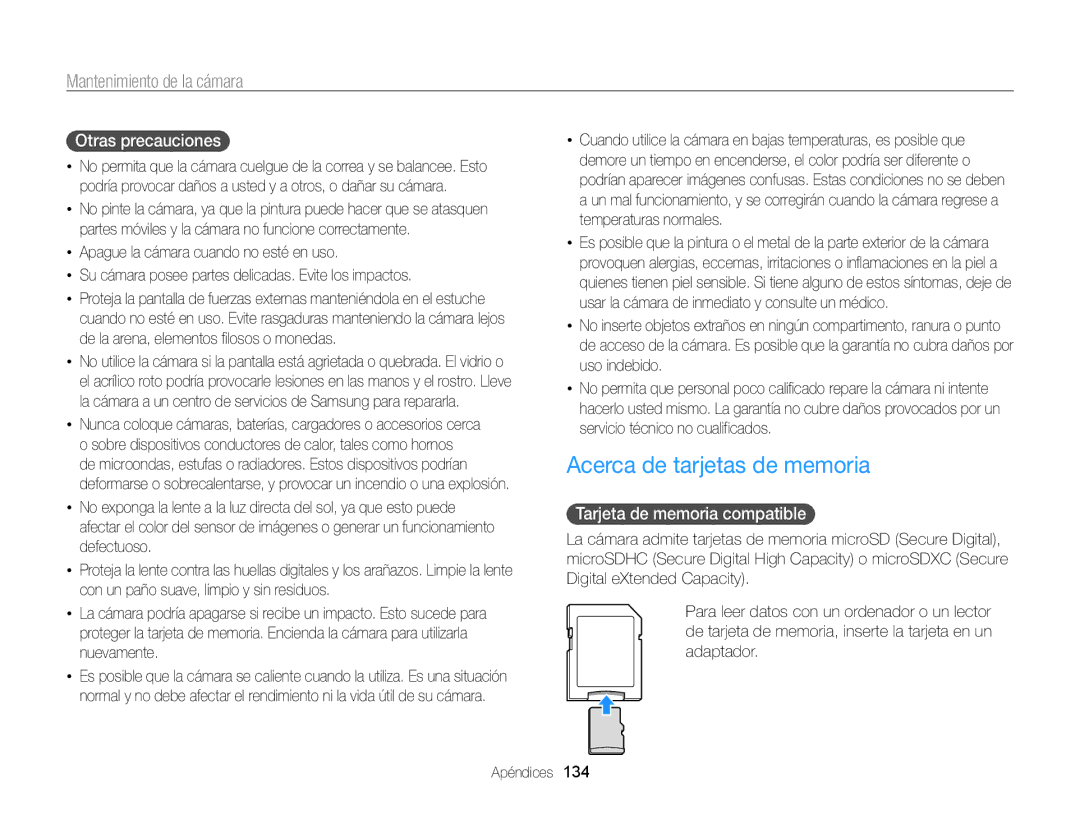 Samsung EC-ST200ZBPRE1, EC-ST200ZBPLE1 Acerca de tarjetas de memoria, Otras precauciones, Tarjeta de memoria compatible 