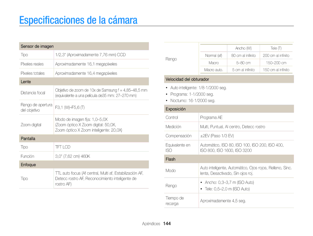 Samsung EC-ST200ZBPRE1, EC-ST200ZBPLE1, EC-ST200ZBPBE1, EC-ST200FBPLE1, EC-ST200FBPRE1 manual Especificaciones de la cámara 