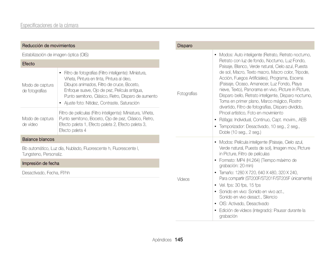 Samsung EC-ST200FBPWE1, EC-ST200ZBPLE1, EC-ST200ZBPBE1, EC-ST200FBPLE1, EC-ST200FBPRE1 manual Especificaciones de la cámara 
