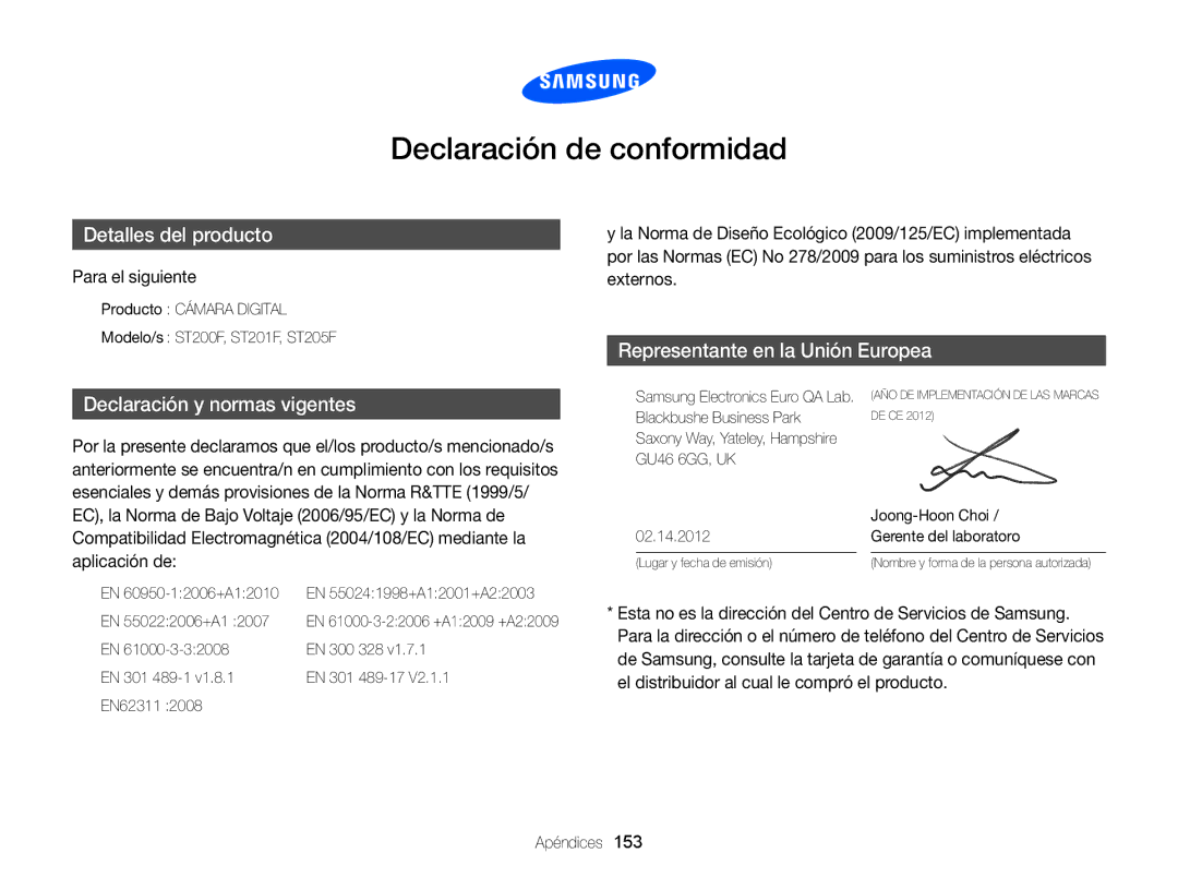 Samsung EC-ST200FBPBE1, EC-ST200ZBPLE1, EC-ST200ZBPBE1, EC-ST200FBPLE1 manual Declaración de conformidad, Para el siguiente 