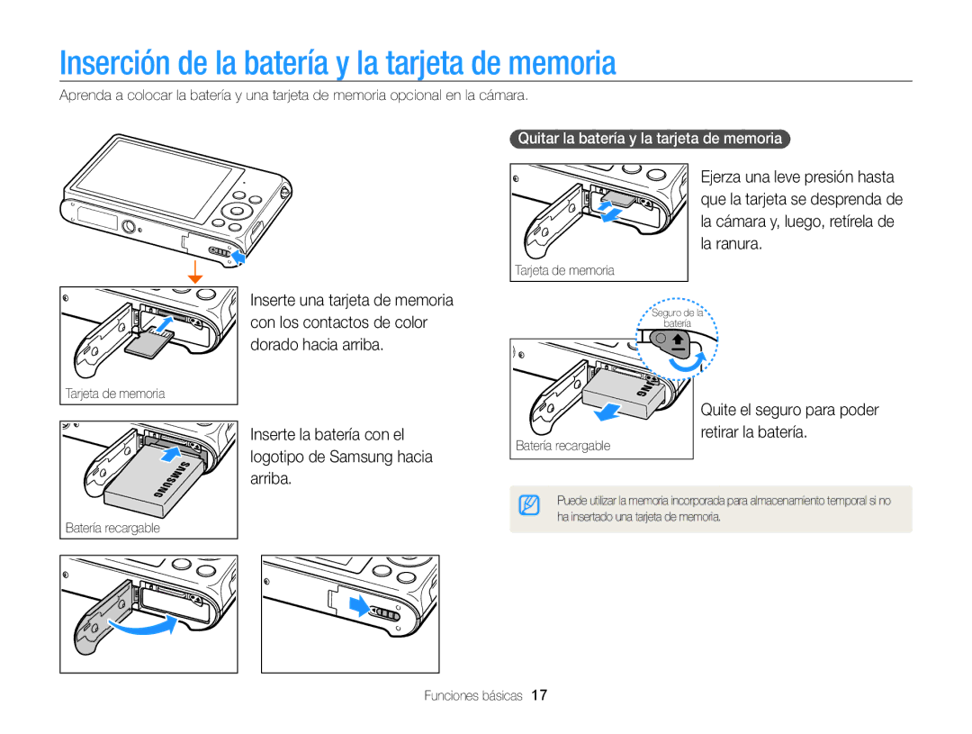 Samsung EC-ST200FBPBIL Inserción de la batería y la tarjeta de memoria, Quite el seguro para poder retirar la batería 