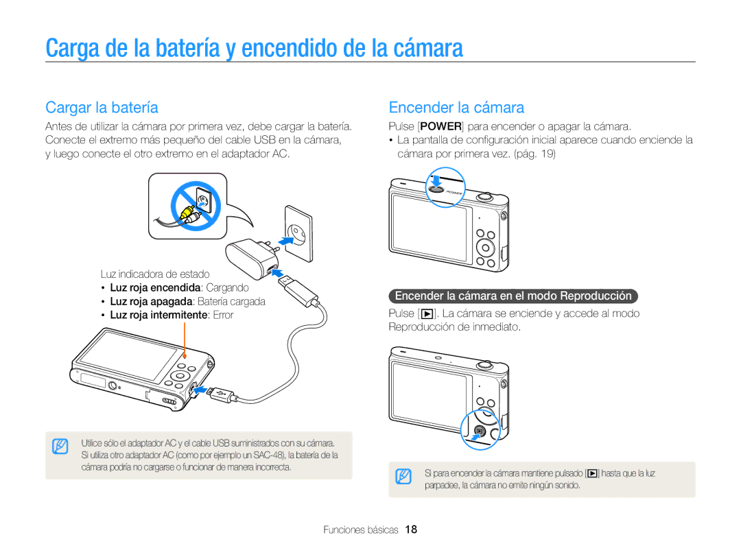 Samsung EC-ST200FBPWIL, EC-ST200ZBPLE1 Carga de la batería y encendido de la cámara, Cargar la batería, Encender la cámara 