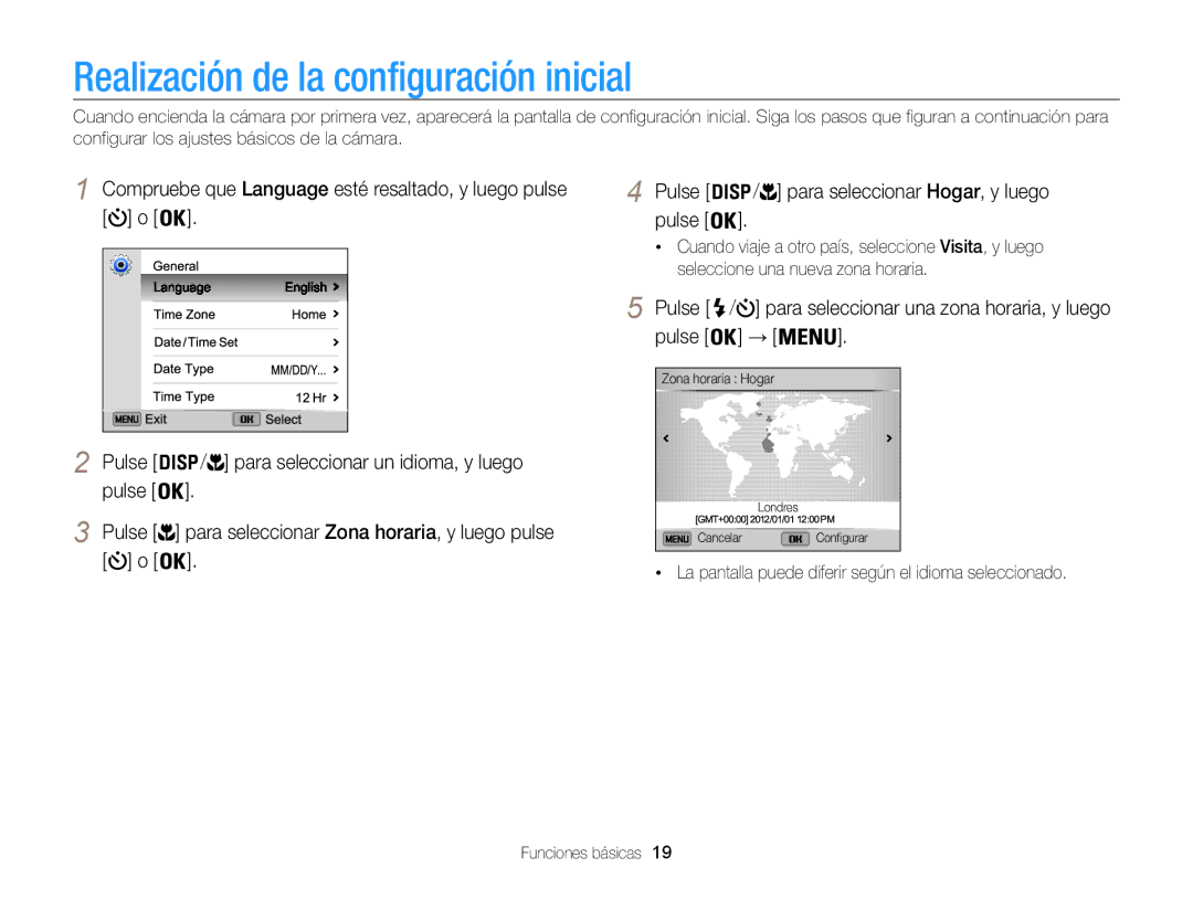 Samsung EC-ST200ZBPLE1 Realización de la configuración inicial, La pantalla puede diferir según el idioma seleccionado 