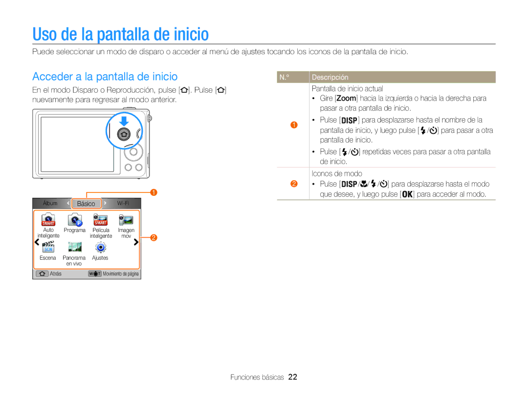 Samsung EC-ST200FBPRE1, EC-ST200ZBPLE1 Uso de la pantalla de inicio, Acceder a la pantalla de inicio, Pantalla de inicio 