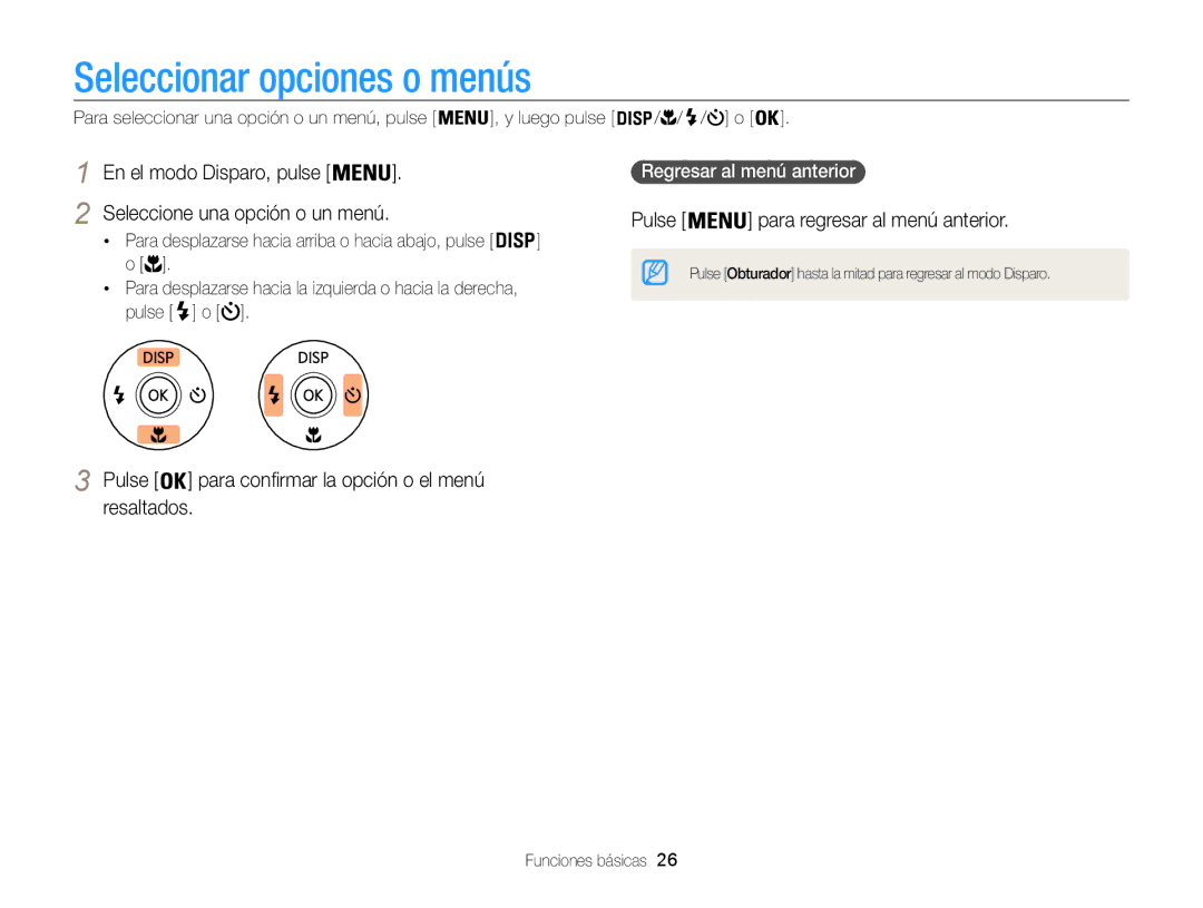 Samsung EC-ST200FBPSE1 manual Seleccionar opciones o menús, Pulse para confirmar la opción o el menú resaltados, Pulse o 