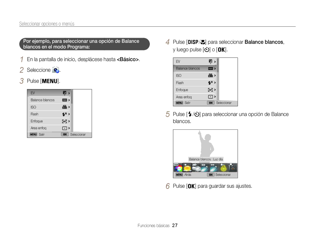 Samsung EC-ST200FBPBIL, EC-ST200ZBPLE1, EC-ST200ZBPBE1 manual Seleccionar opciones o menús, Seleccione Pulse, Blancos 