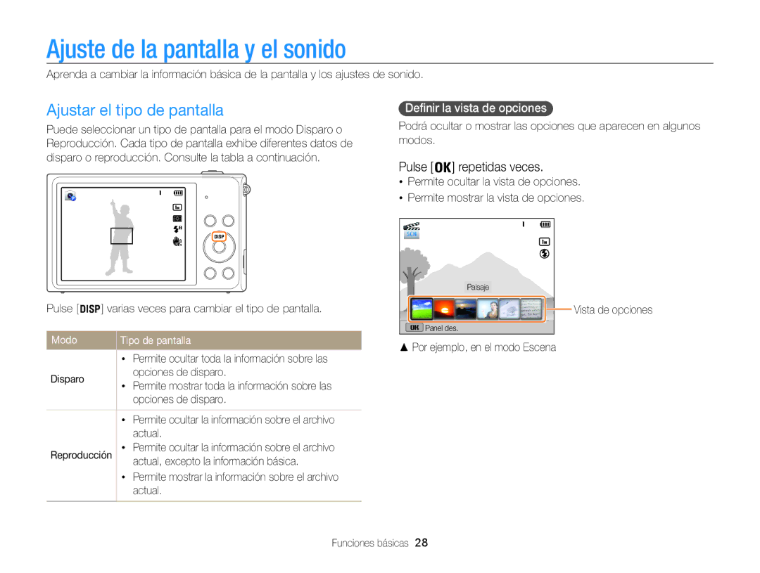 Samsung EC-ST200FBPWIL manual Ajuste de la pantalla y el sonido, Ajustar el tipo de pantalla, Definir la vista de opciones 