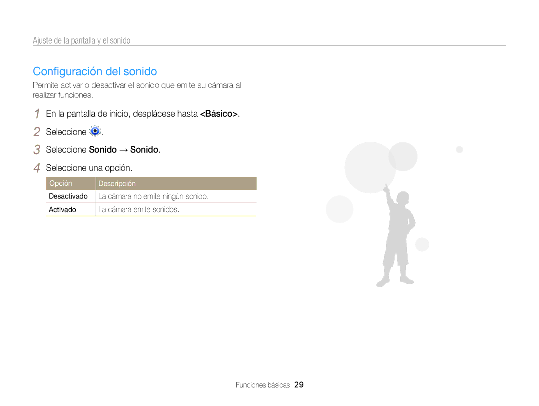 Samsung EC-ST200ZBPLE1, EC-ST200ZBPBE1, EC-ST200FBPLE1 manual Configuración del sonido, Ajuste de la pantalla y el sonido 