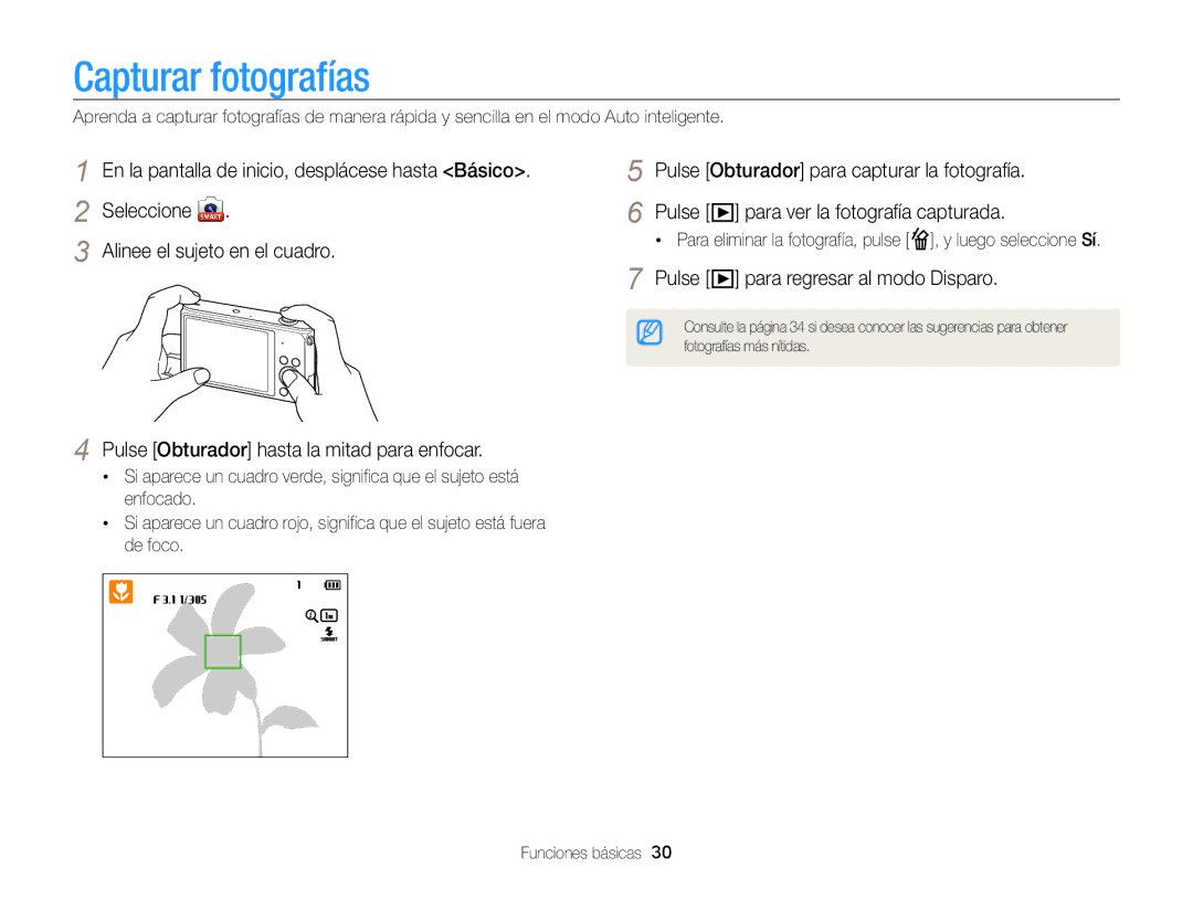 Samsung EC-ST200ZBPBE1, EC-ST200ZBPLE1, EC-ST200FBPLE1 manual Capturar fotografías, Pulse para regresar al modo Disparo 