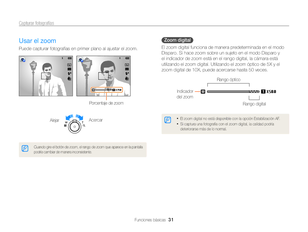 Samsung EC-ST200FBPLE1 Usar el zoom, Capturar fotografías, Zoom digital, Rango óptico Indicador del zoom Rango digital 