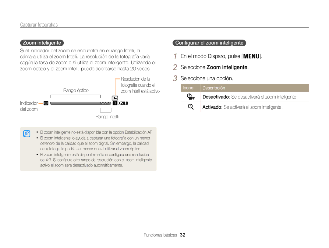 Samsung EC-ST200FBPRE1 manual En el modo Disparo, pulse Seleccione Zoom inteligente, Configurar el zoom inteligente 