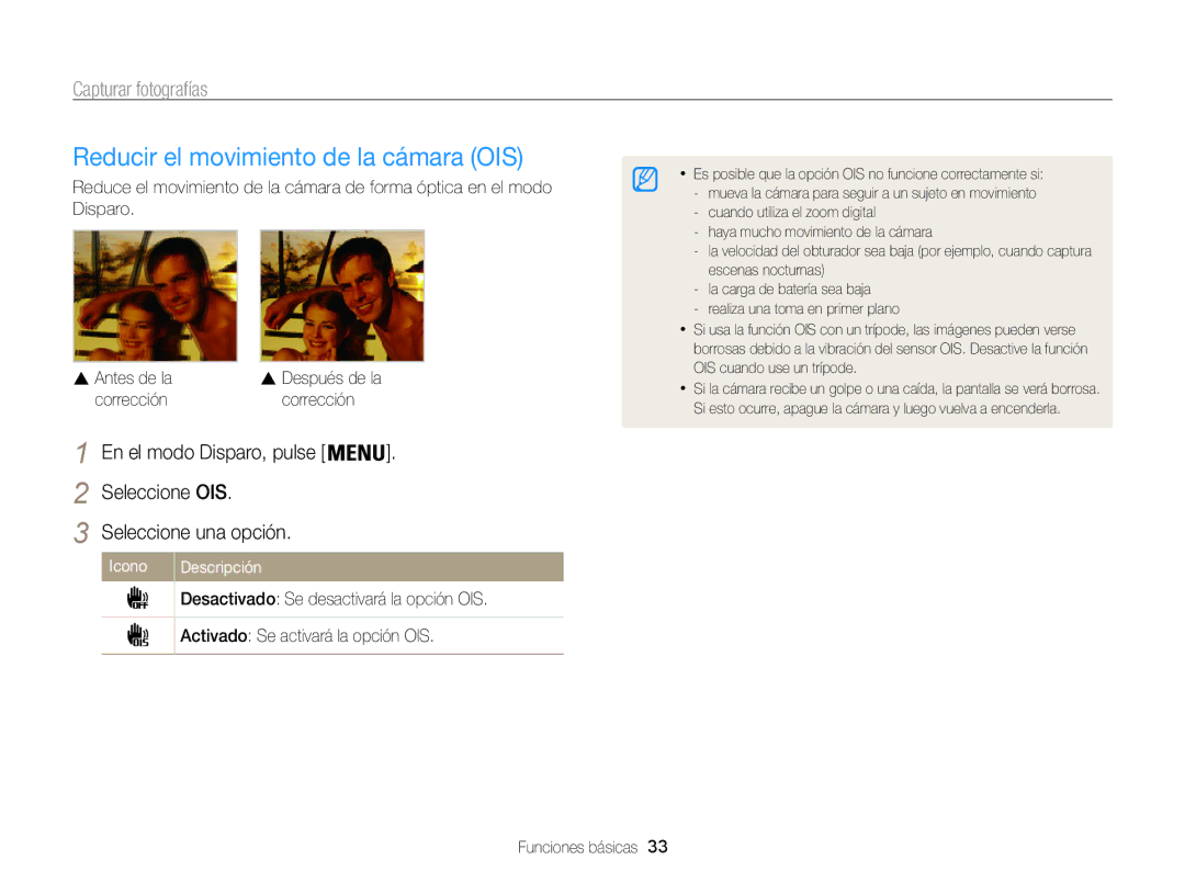 Samsung EC-ST200FBPBE1 manual Reducir el movimiento de la cámara OIS, Corrección, Desactivado Se desactivará la opción OIS 