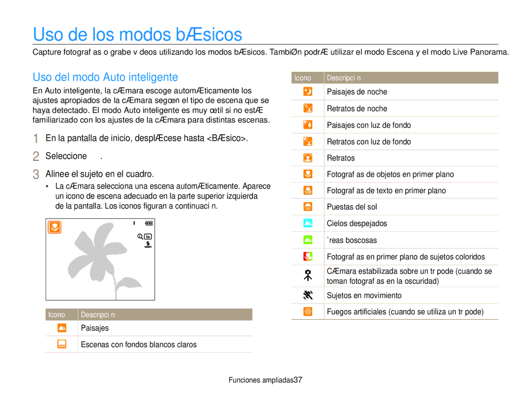 Samsung EC-ST200FBPBIL Uso de los modos básicos, Uso del modo Auto inteligente, Paisajes Escenas con fondos blancos claros 