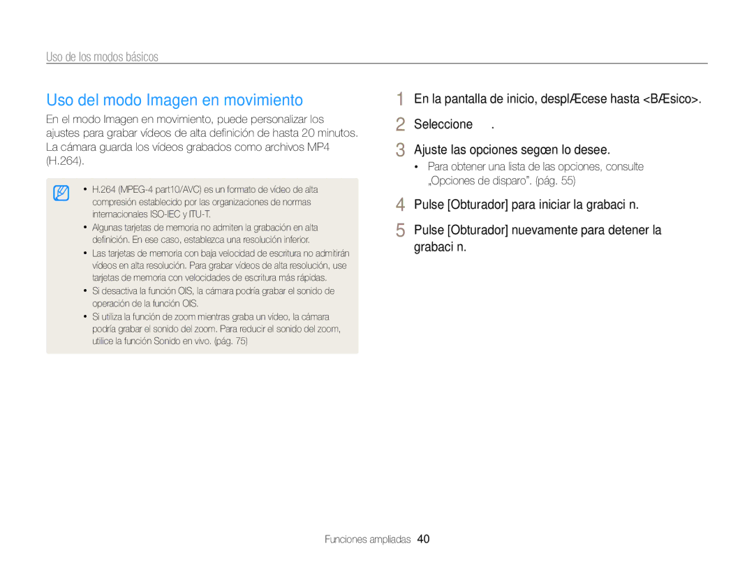 Samsung EC-ST200ZBPBE1, EC-ST200ZBPLE1, EC-ST200FBPLE1, EC-ST200FBPRE1, EC-ST200FBPBE1 manual Uso del modo Imagen en movimiento 