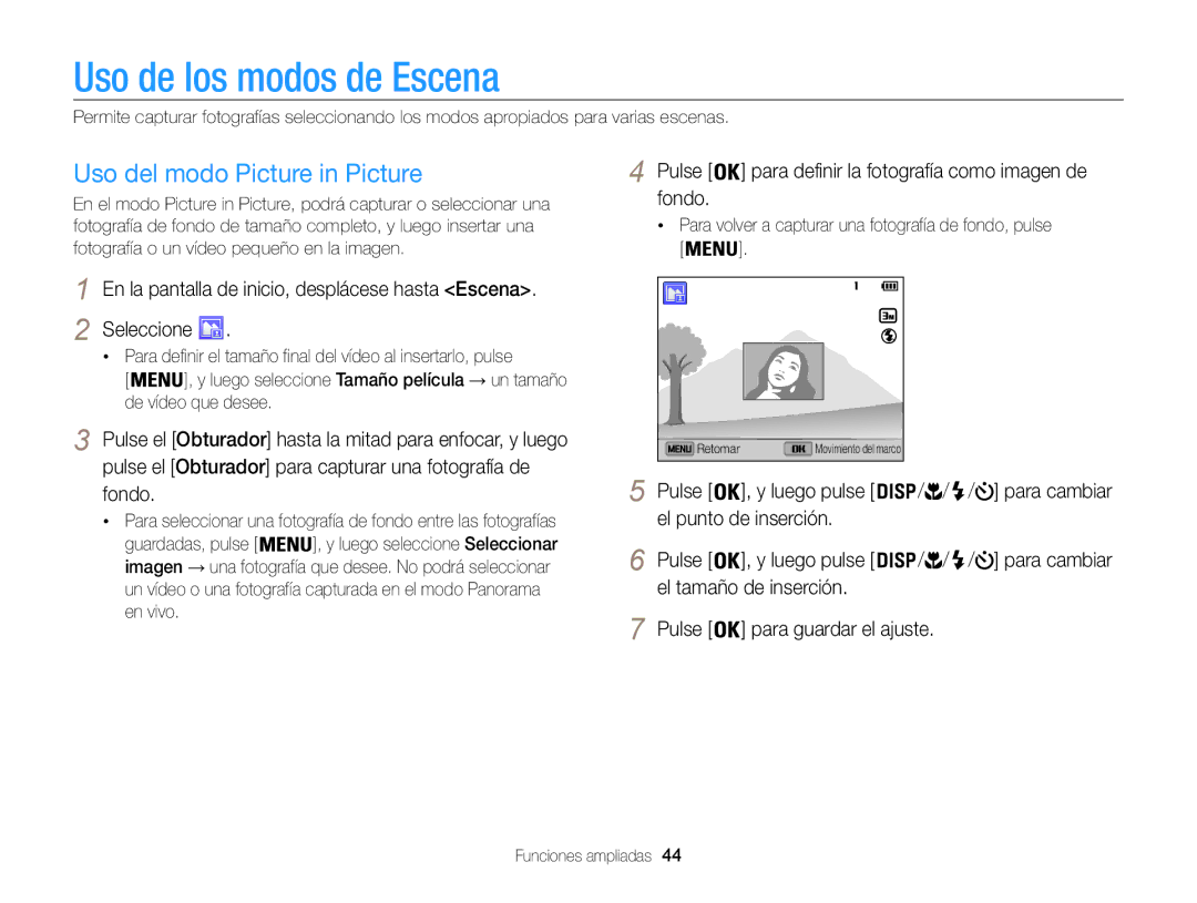 Samsung EC-ST200ZBPRE1 manual Uso de los modos de Escena, Uso del modo Picture in Picture, El punto de inserción Pulse 