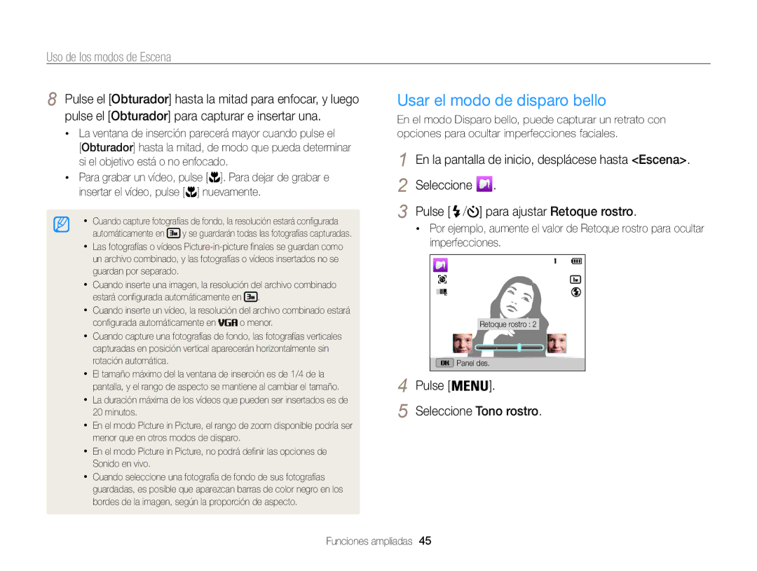 Samsung EC-ST200FBPWE1 manual Usar el modo de disparo bello, Uso de los modos de Escena, Para ajustar Retoque rostro 