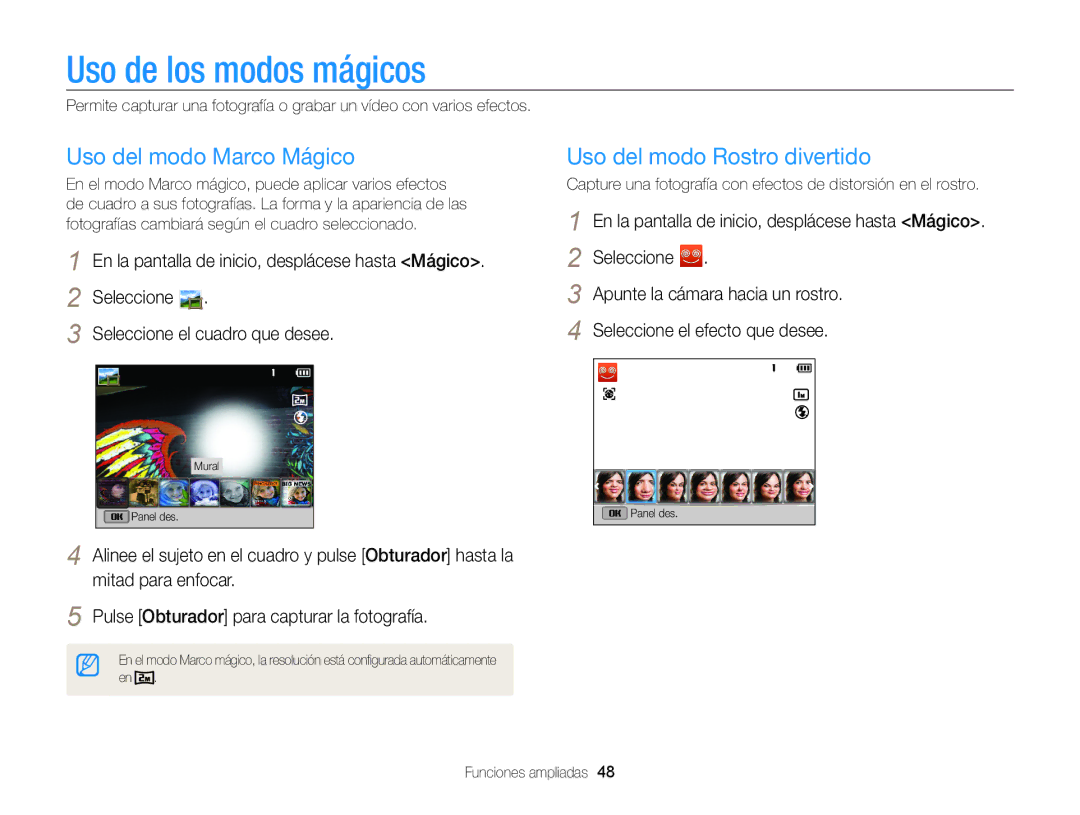 Samsung EC-ST200FBPWIL, EC-ST200ZBPLE1 Uso de los modos mágicos, Uso del modo Marco Mágico, Uso del modo Rostro divertido 