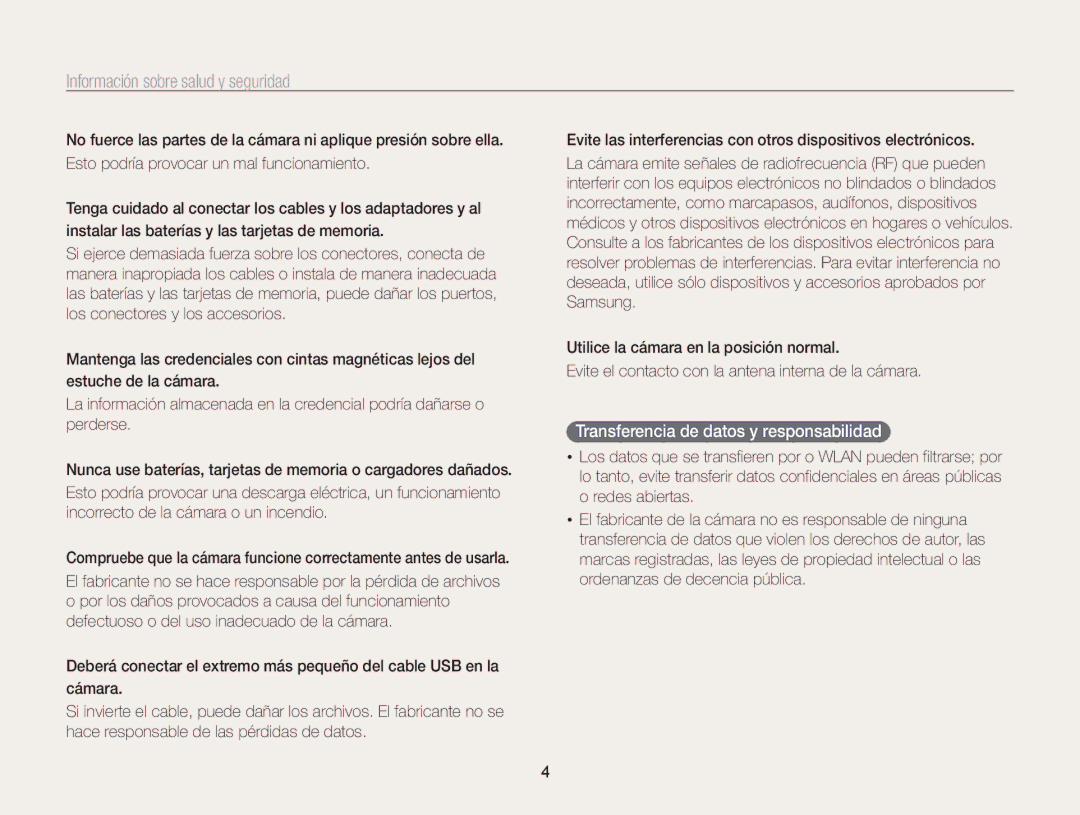 Samsung EC-ST200ZBPRE1, EC-ST200ZBPLE1, EC-ST200ZBPBE1, EC-ST200FBPLE1 manual Transferencia de datos y responsabilidad 