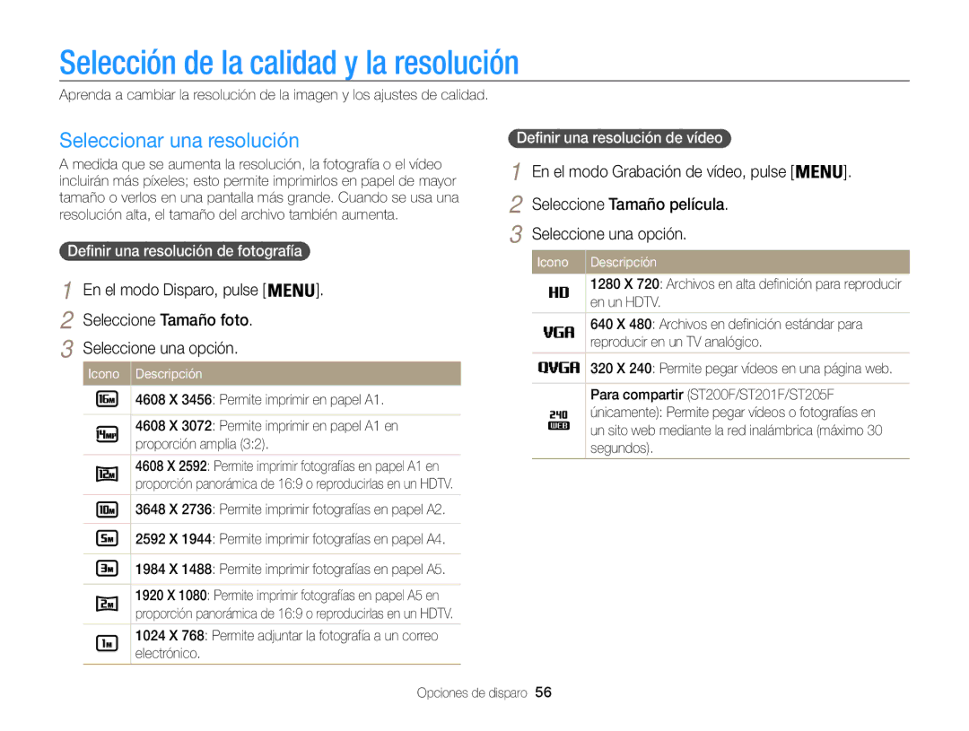 Samsung EC-ST200FBPSE1, EC-ST200ZBPLE1, EC-ST200ZBPBE1 Selección de la calidad y la resolución, Seleccionar una resolución 