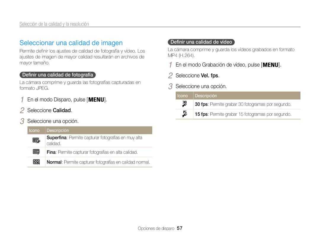 Samsung EC-ST200FBPBIL, EC-ST200ZBPLE1 manual Seleccionar una calidad de imagen, Selección de la calidad y la resolución 