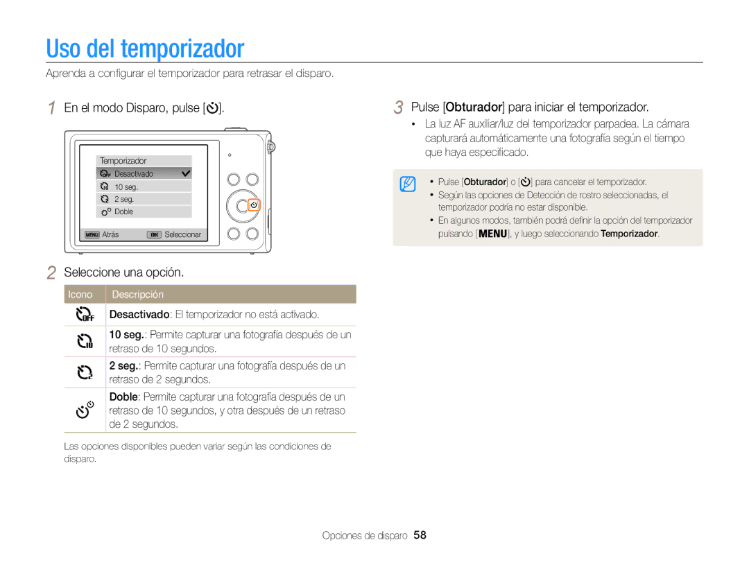 Samsung EC-ST200FBPWIL manual Uso del temporizador, En el modo Disparo, pulse, Pulse Obturador para iniciar el temporizador 