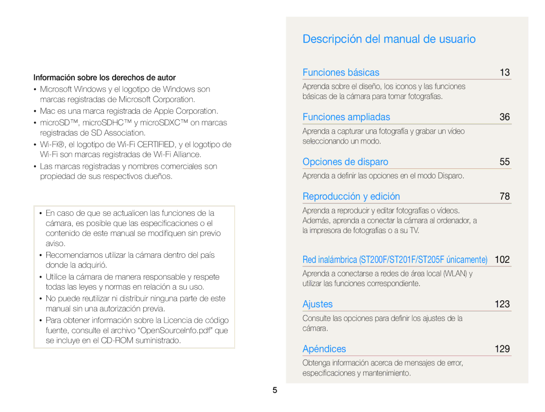 Samsung EC-ST200FBPWE1, EC-ST200ZBPLE1, EC-ST200ZBPBE1, EC-ST200FBPLE1 Descripción del manual de usuario, 102, 123, 129 