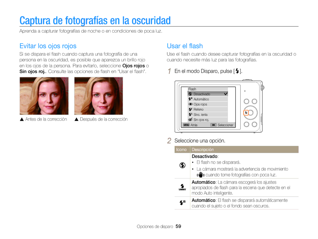 Samsung EC-ST200ZBPLE1, EC-ST200ZBPBE1 manual Captura de fotografías en la oscuridad, Evitar los ojos rojos, Usar el flash 