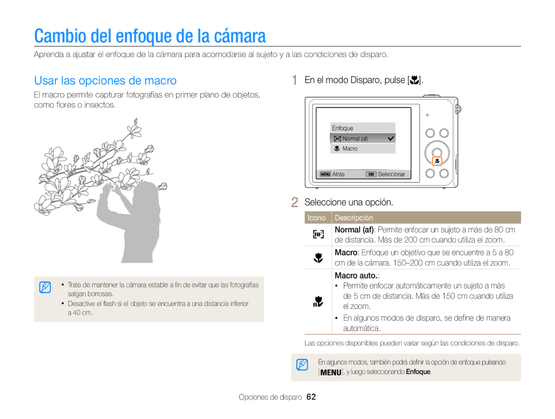 Samsung EC-ST200FBPRE1, EC-ST200ZBPLE1, EC-ST200ZBPBE1 manual Cambio del enfoque de la cámara, Usar las opciones de macro 