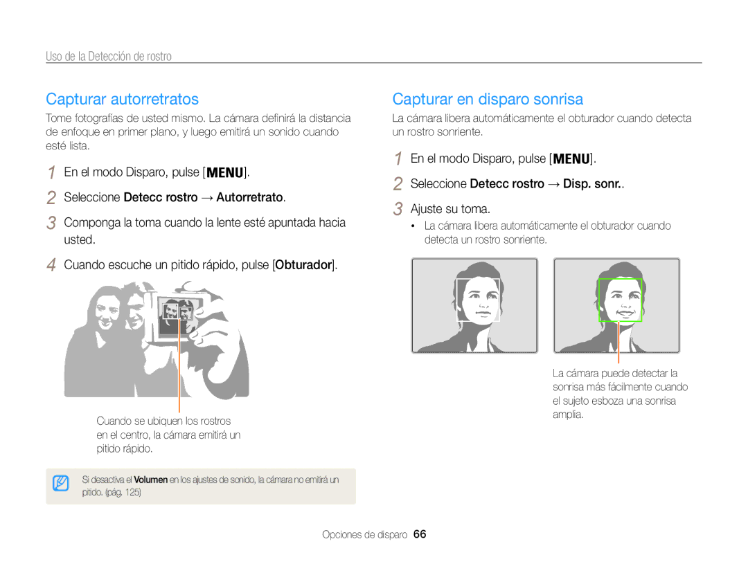 Samsung EC-ST200FBPSE1 Capturar autorretratos, Capturar en disparo sonrisa, Uso de la Detección de rostro, Ajuste su toma 