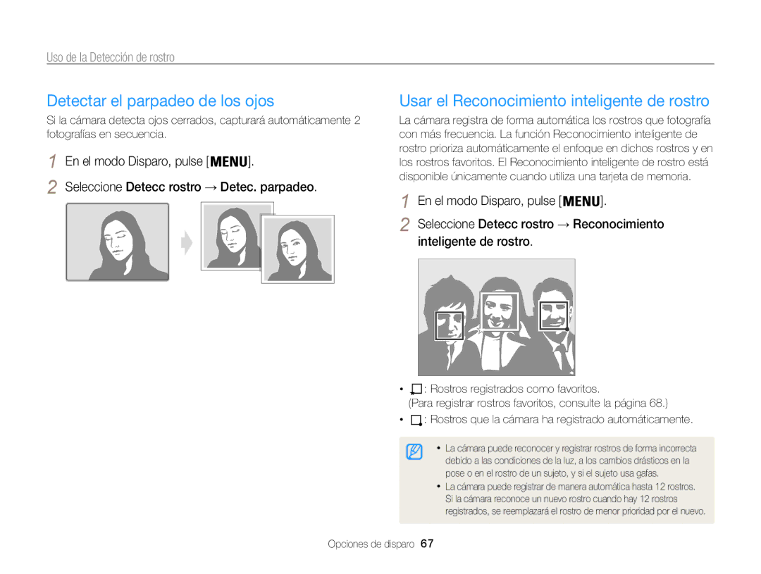 Samsung EC-ST200FBPBIL, EC-ST200ZBPLE1 manual Detectar el parpadeo de los ojos, Usar el Reconocimiento inteligente de rostro 