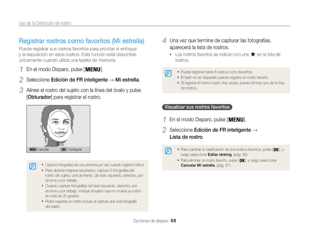 Samsung EC-ST200FBPWIL manual Registrar rostros como favoritos Mi estrella, Obturador para registrar el rostro, Rostros 