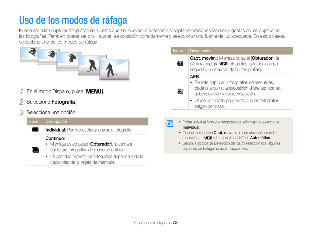 Samsung EC-ST200FBPBE1, EC-ST200ZBPLE1 manual Uso de los modos de ráfaga, Capt. movim. Mientras pulsa el Obturador, la 