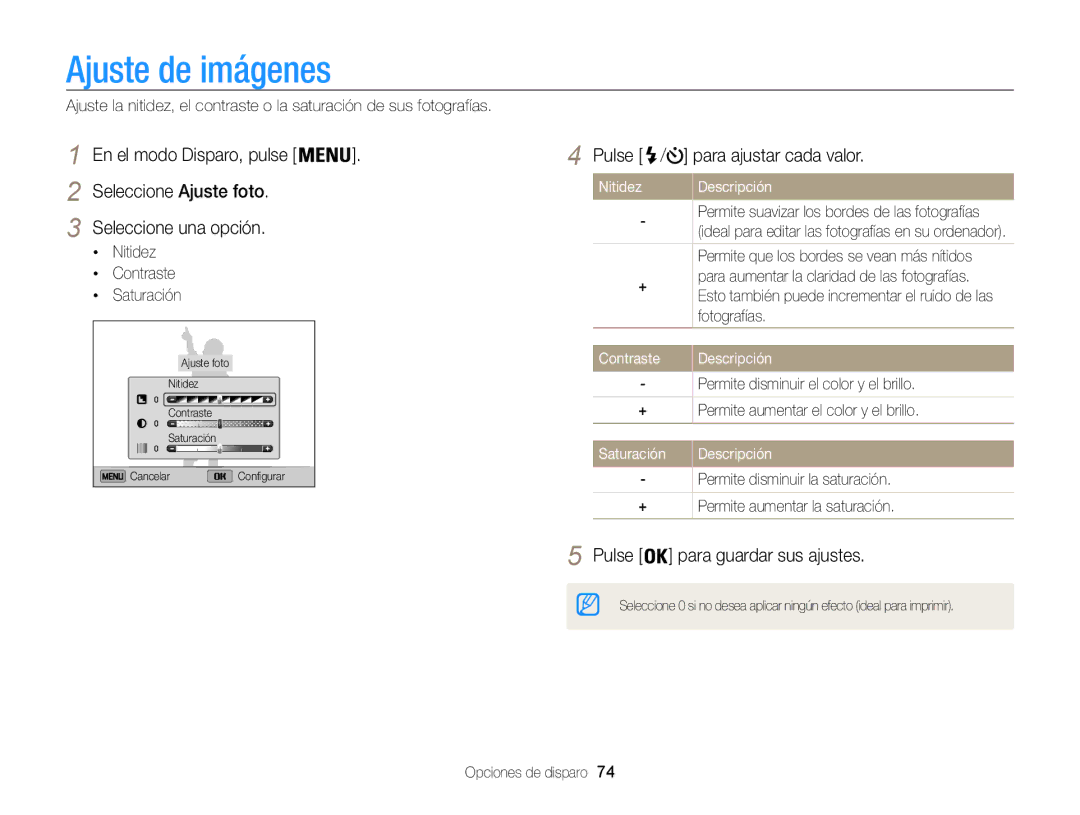 Samsung EC-ST200ZBPRE1, EC-ST200ZBPLE1 Ajuste de imágenes, Pulse para guardar sus ajustes, Nitidez Contraste Saturación 